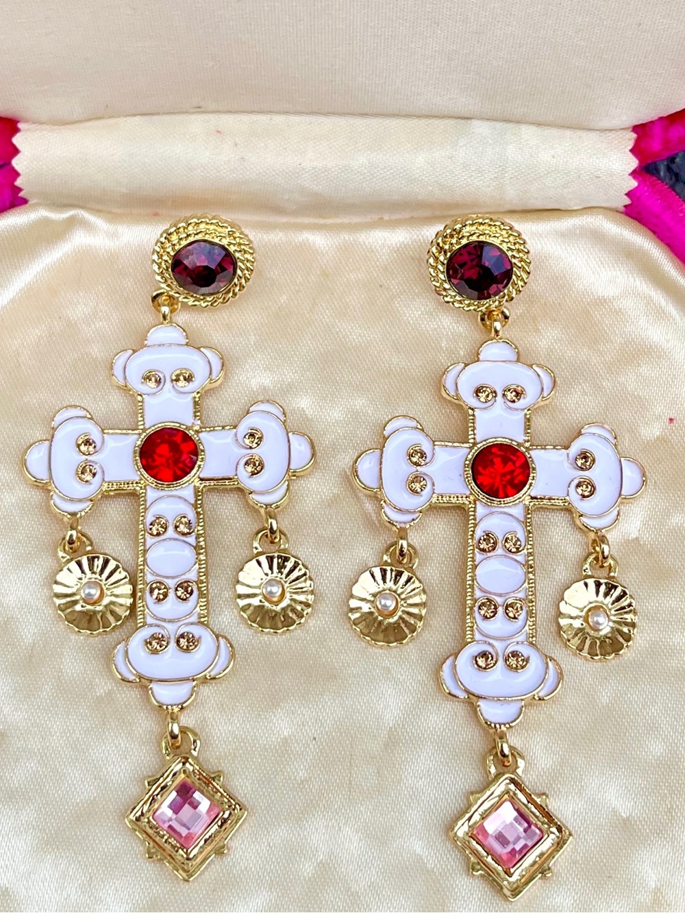 Vintage Gold Tone White Enamel Cross Statement Drop Red Pink Purple Rhinestones